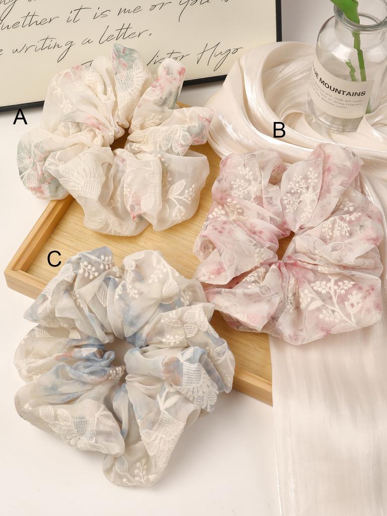 Large French Fahion Women Mesh Scrunchie Hair Ties,Embroidery Flower Hair Bands Cute Hair Rope Ponytail Holder Hair Accessories