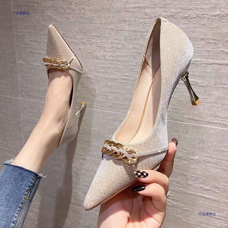 Versatile high heels women's thin heels spring new design sense niche shallow mouth single shoes wedding shoes bridesmaid shoes