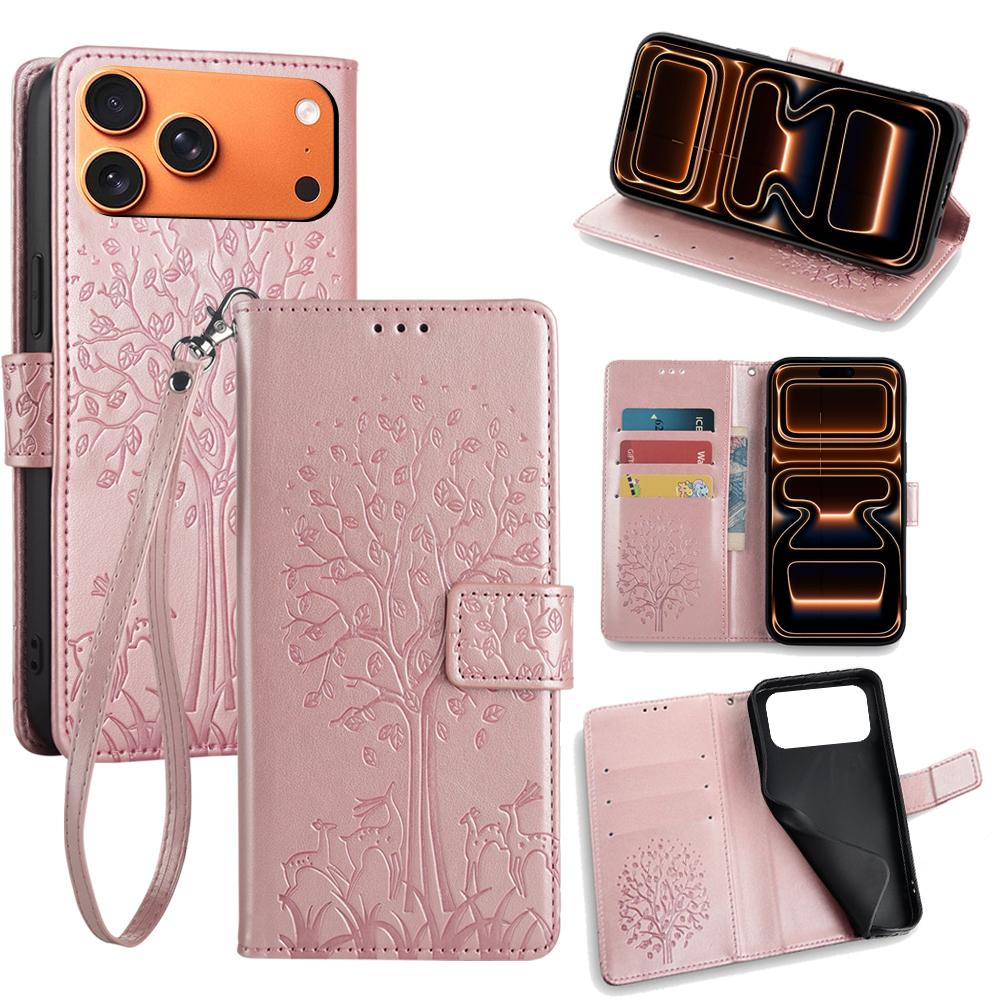 For iPhone 17 Pro Max Case PU Leather Wallet Phone Cover Tree Deer Imprinted