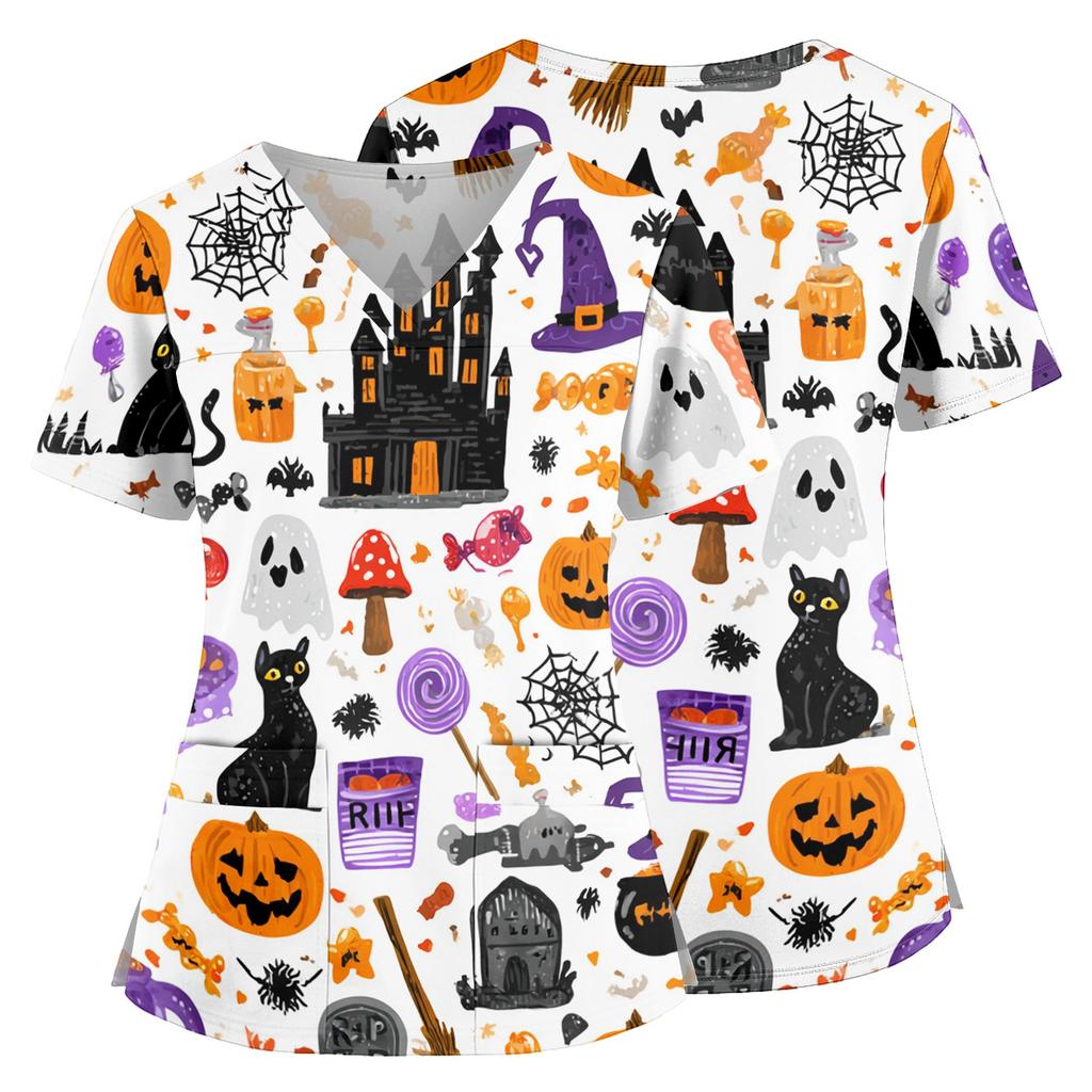 Womens V Neck Halloween Print Medical Scrub Top with Pockets Side Slits Short Sleeve Work Shirt for Healthcare Professionals