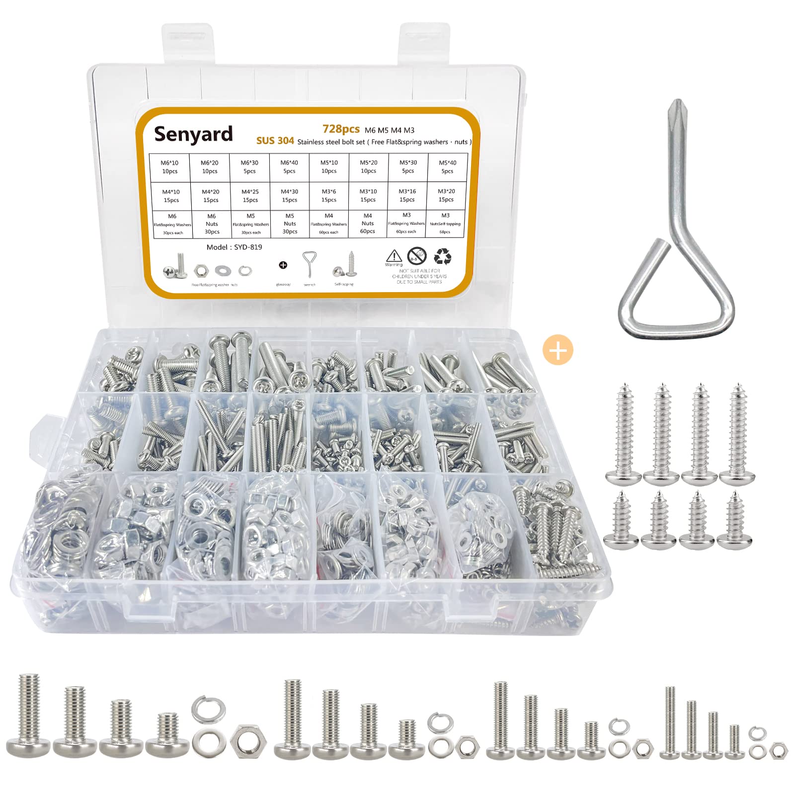 

Pan Head Machine Screw Bolt and Nut Phillips Stainless Machine M4 Storage Case Included 728-Piece Set, Rust-Proof, Set, M6, M5, M4, M3, Head, Steel,