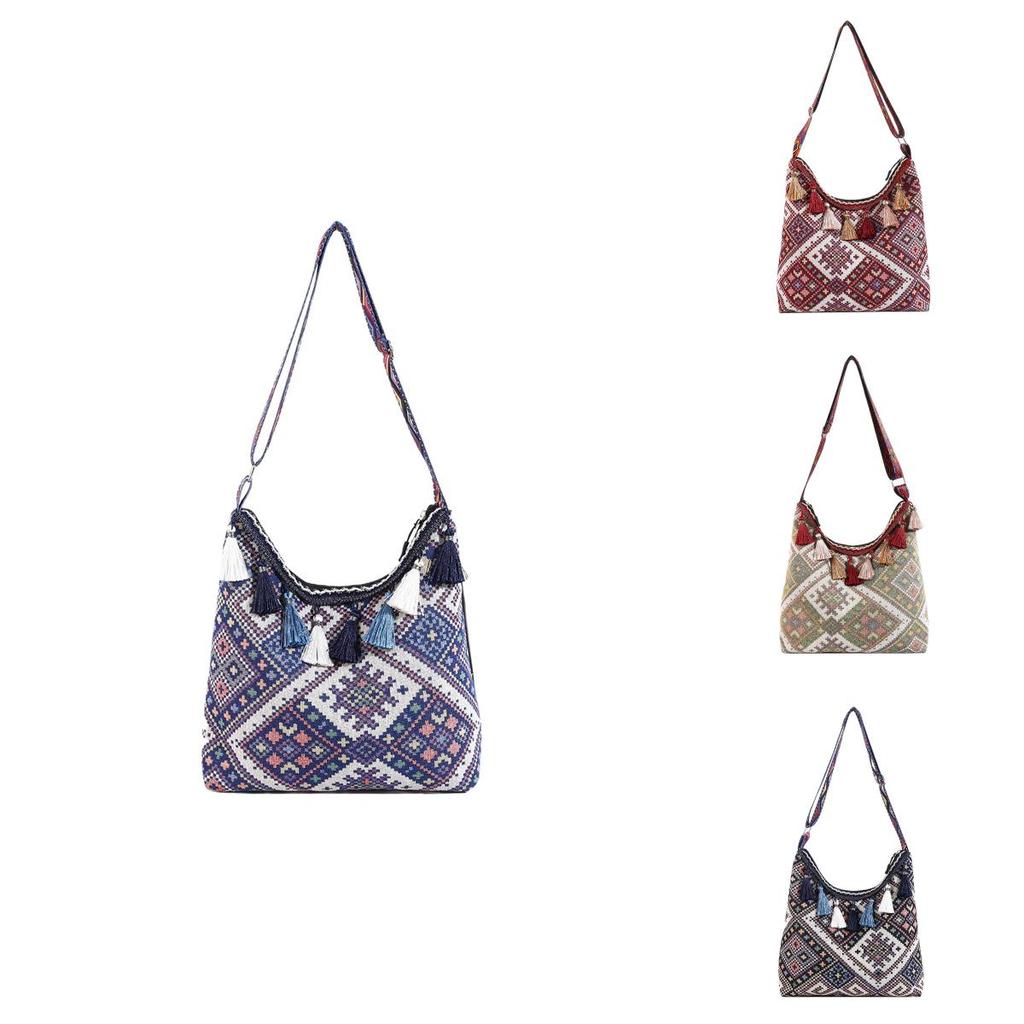 Embroidery Style Tassel Large Capacity Shoulder Bag With Zipper Closure For Daily Use