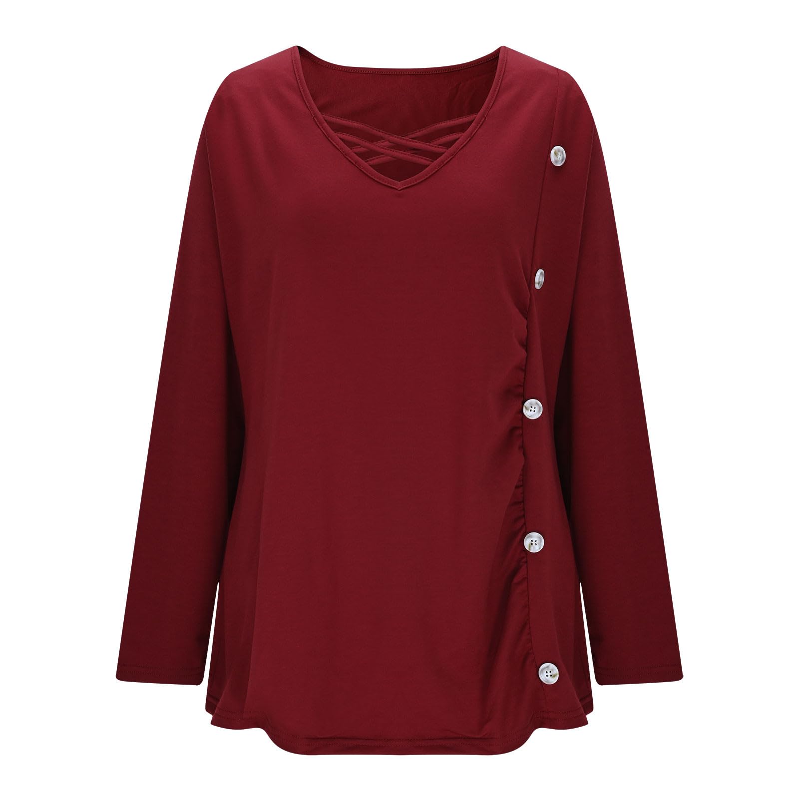 

Женская модная повседневная футболка с полым V-образным вырезом, однотонный топ с длинными рукавами XXXL винный