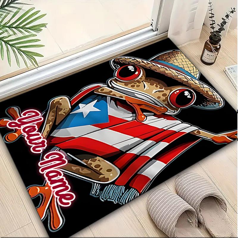 1PC Custom Name Frog Puerto Rican flag. Theme Floor Mat Ideal for Living Room, Game Rooms, Office, Bedroom,Floor Mat Playful Design
