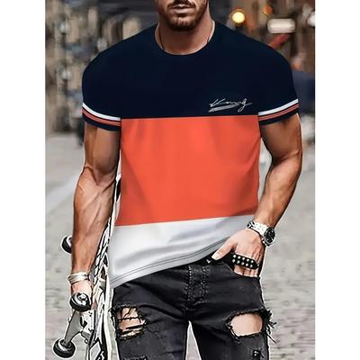 Summer Fashion King - Camiseta masculina clássica de gola redonda e manga curta - Estampa de letras de grafite, padrão de listras em blocos de cores, blusa de lazer chique