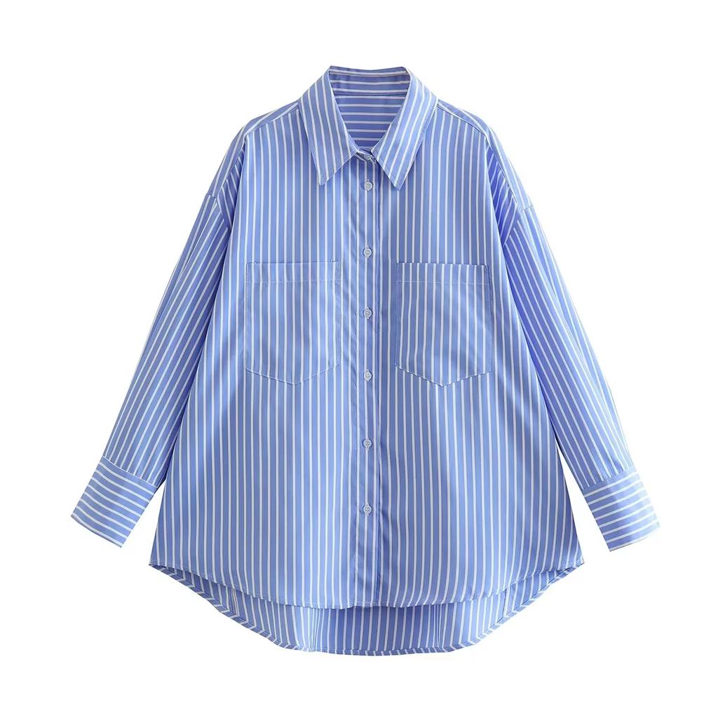 Blue Striped Shirt Women Casual Oversized Long Shirt Woman Fashion Button Up Long Sleeve Shirts Office Loose Shirt