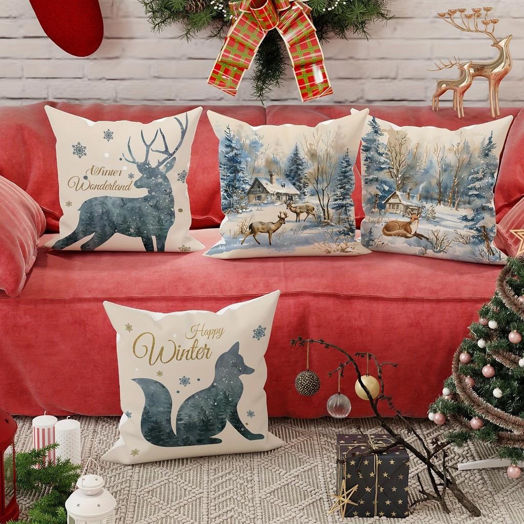 Christmas Pillowcases: Winter Wonrland, Fox & Deer Scenes With Happy Winter Sofa Room Cushion Cover Home Coration Gift