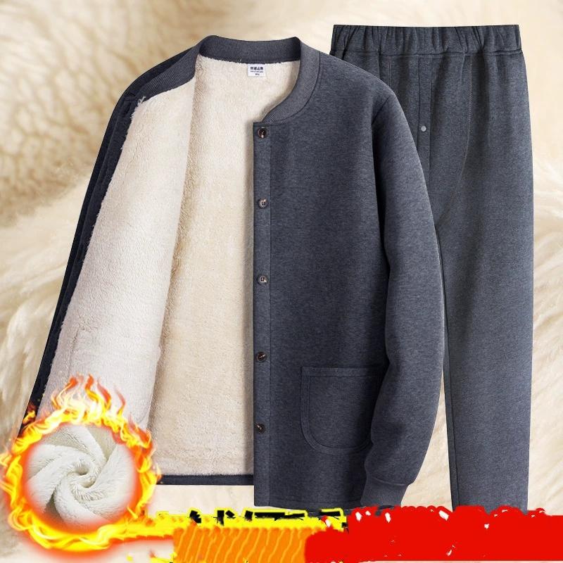 

Velvet Cardigan Dad Plus Autumn Middle-aged and Elderly Grandpa Huge Thick Lamb Fleece Pants Men s Thermal Underwear Suit Jacket XS серый