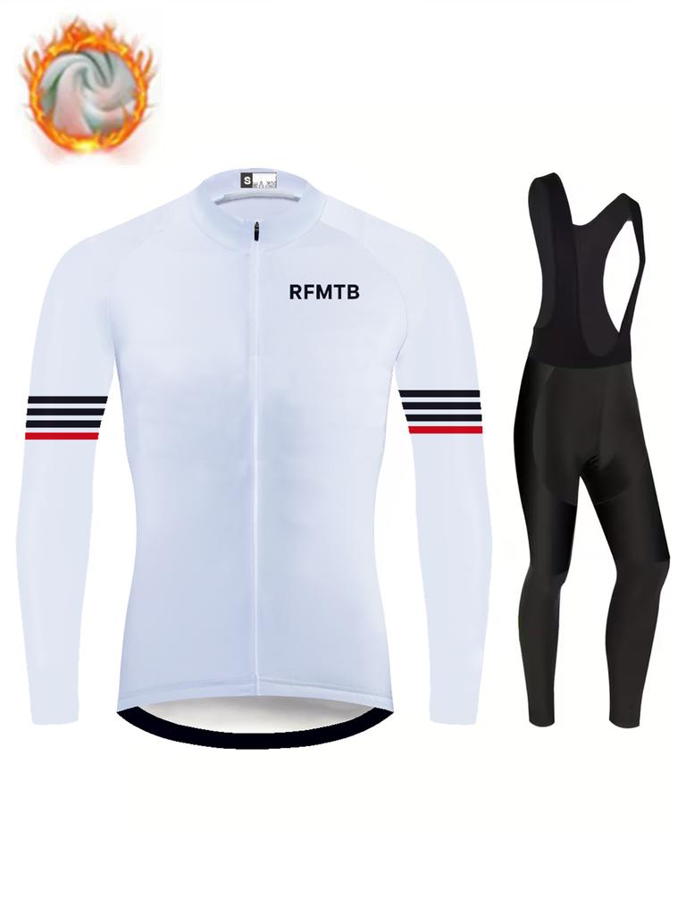 Winter Cycling Jersey Sets Thermal Fleece Bike Jersey + Bib Pants, Long Sleeve Cycling Clothing Sets for Man