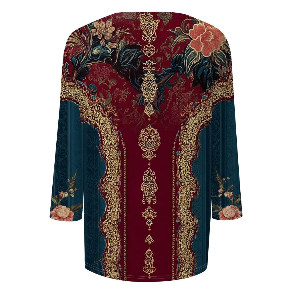 Trendy Vintage 3/4 Sleeve Top For Women,Ladies Casual Three Quarter Sleeve Round Collar Printed T-Shirt Blouse