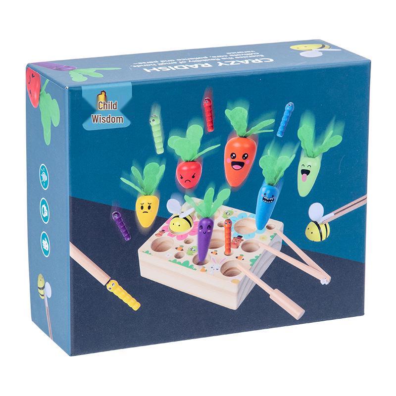 Wooden Radish & Bee Catch Game: Early Education Toy for Hand-Eye Coordination with Carrots, Fishing, and Insect Catching Elements