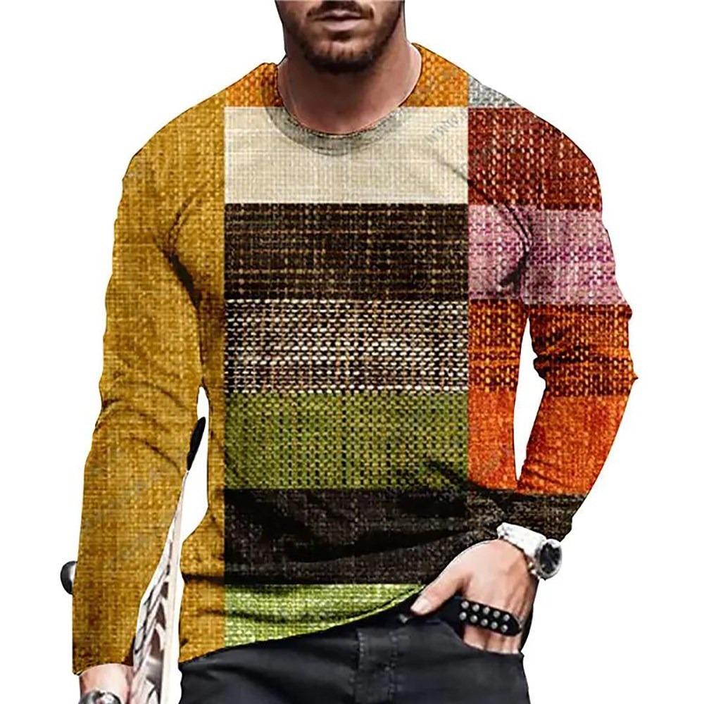 Camiseta masculina retrô com gola redonda e manga comprida, estampa colorida em bloco 3D, primavera, outono, solta, casual, roupa masculina