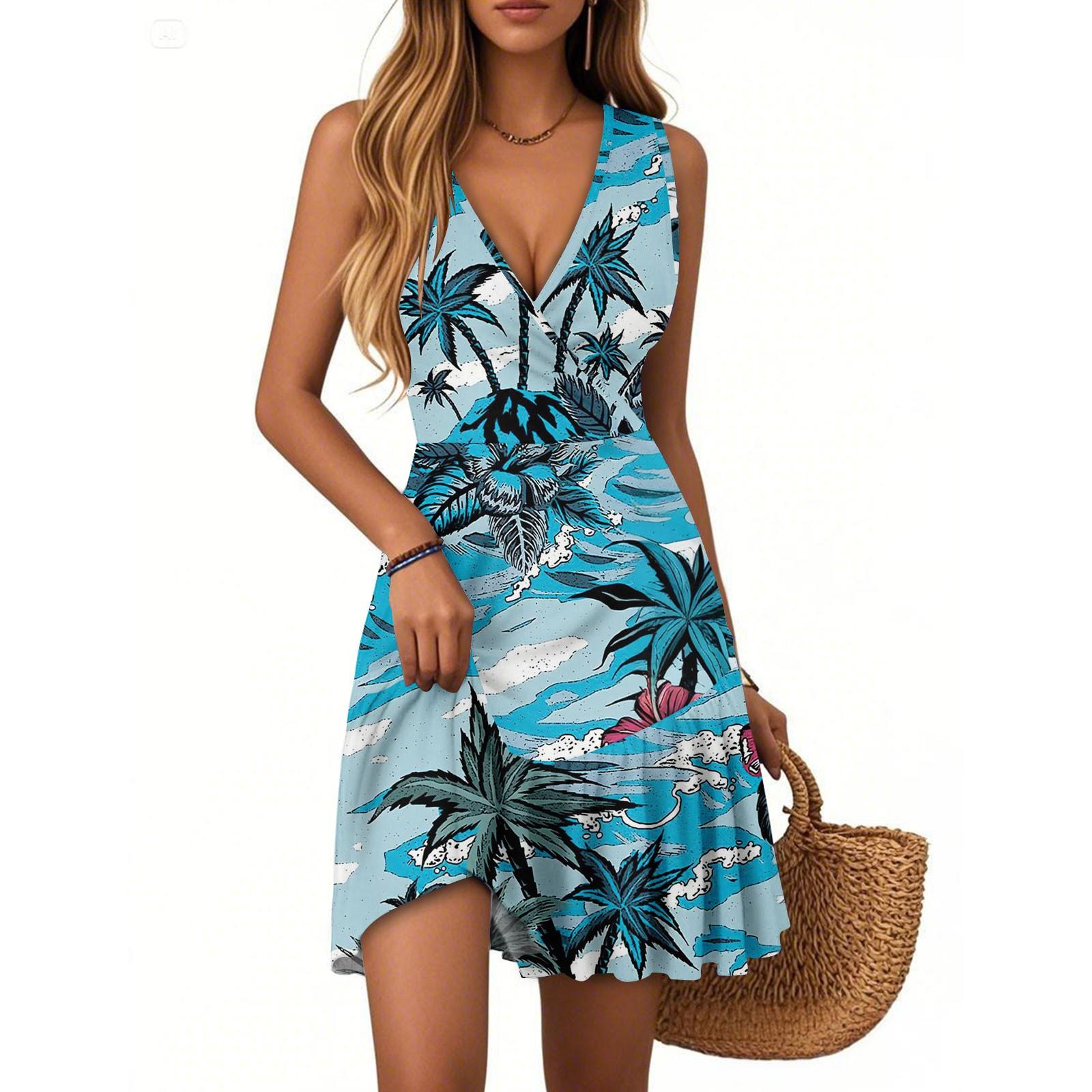 

Женское летнее платье с V-образным вырезом, без рукавов, повседневное, с гавайским принтом, плиссированное по подолу XL