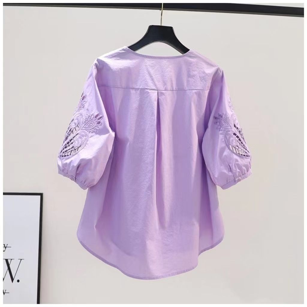 Cămașă mov din bumbac cu broderie goală Cămașă lejeră cu gât rotund pentru femei, cu design de vară