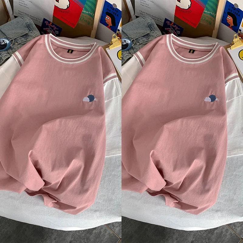 Tops Frauen Baumwolle Sommer Rundhals T-shirt kurzarm Lose Gedruckt Gefälschte Zwei Lose Bequeme Tops