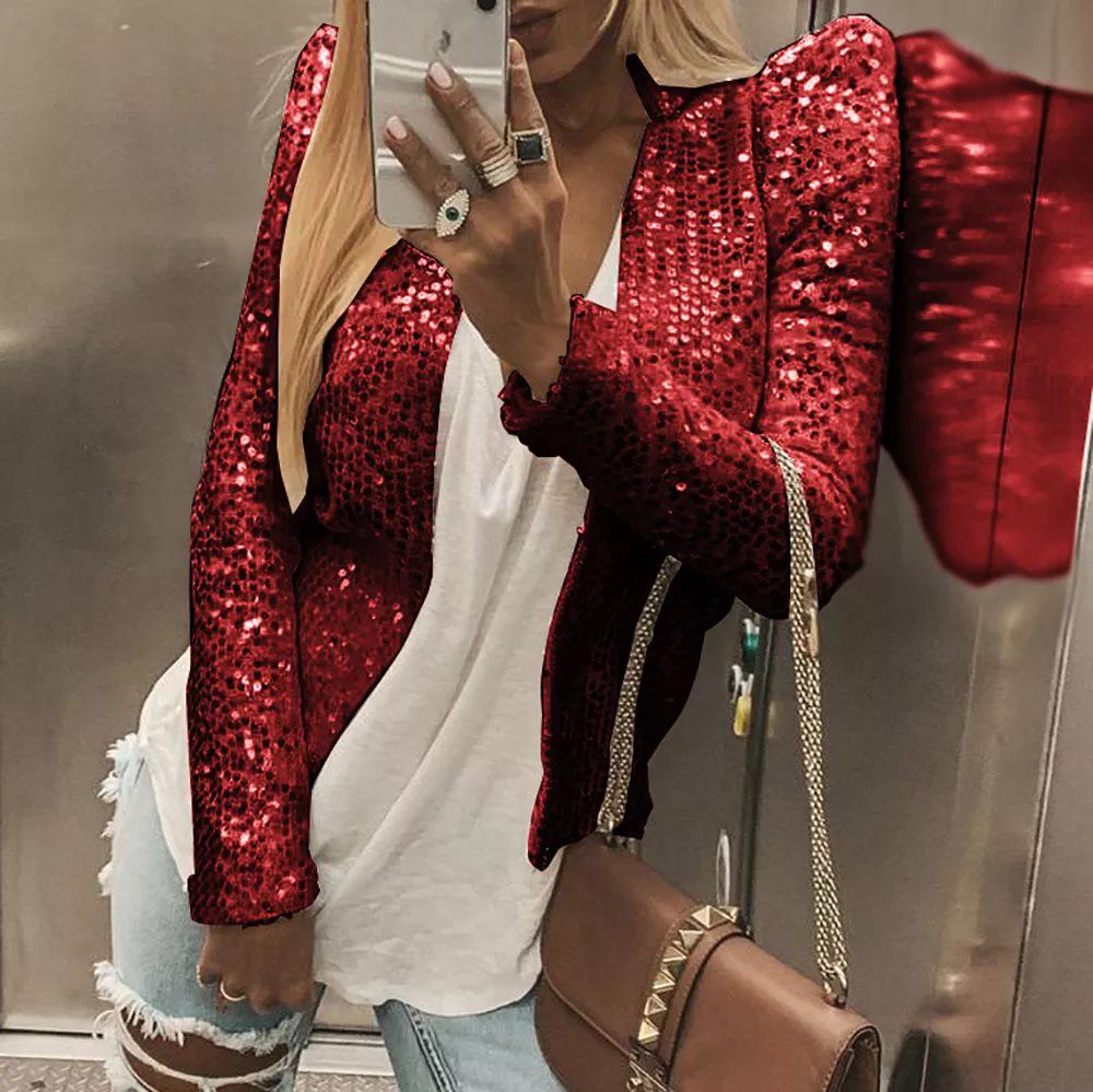 Spring Women's Fashion Sequin Stand-up Collar Jacket - Short, Versatile, and Stylish.