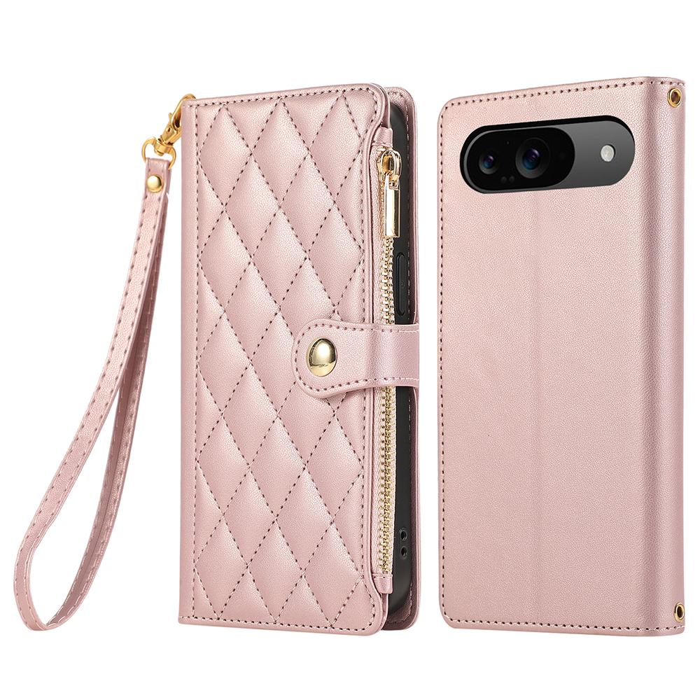 For Google Pixel 9/9 Pro Case Multi Card Slots Zipper Rhombus Leather Phone Cover with Wrist Strap