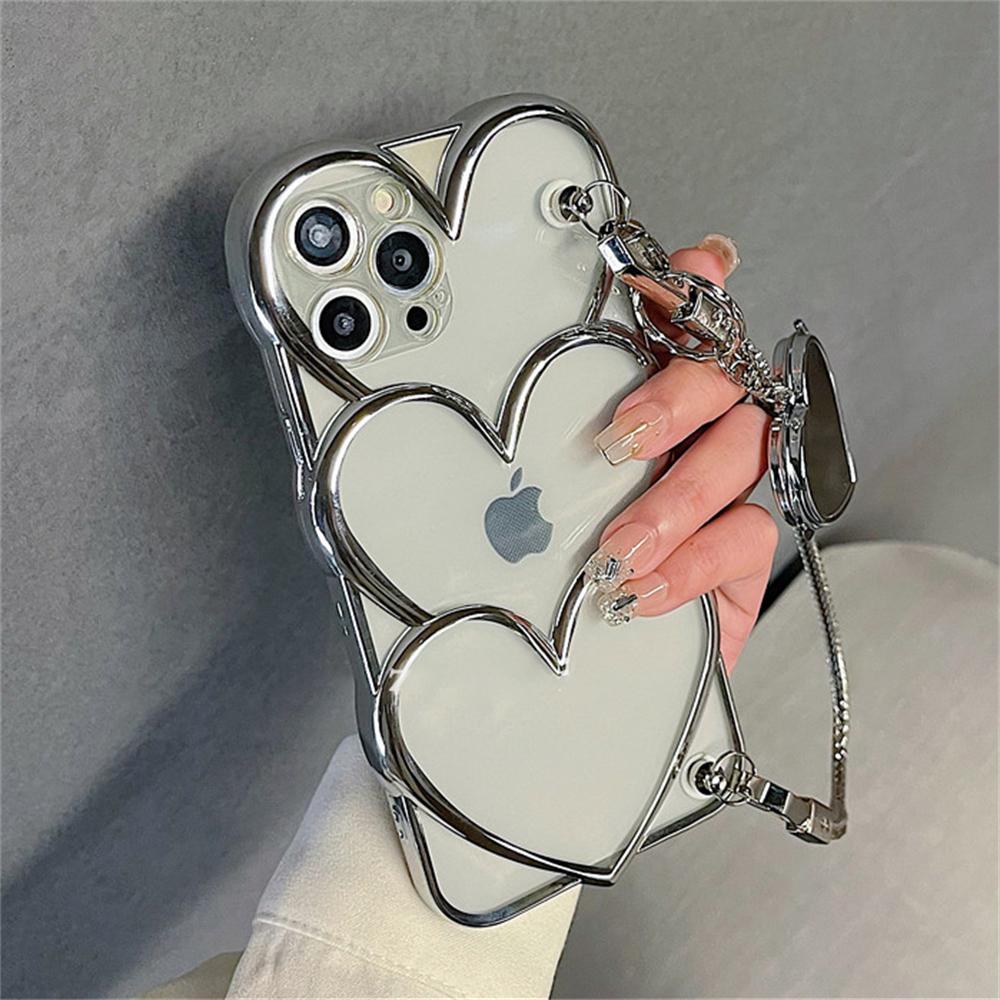 Luxury Stylish Silver Love Heart Mirror Portable Bracelet Case For iPhone 13 12 14 15 16 Pro Max 11 Plating Love Aesthetic Cover
