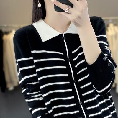 Polo Collar Striped Knitted Cardigan In Spring and Autumn New Lady Gentle and Slim Simple and Versatile Top for Women