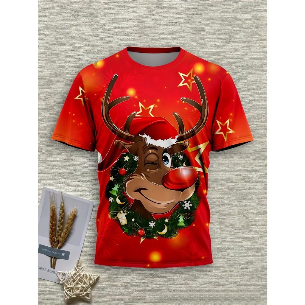 Men's Christmas 3D Printed T-shirt Short Sleeved T-shirt Casual Party Christmas Gift Fun Holiday Pattern Round Neck Top Summer Fashion Clothing