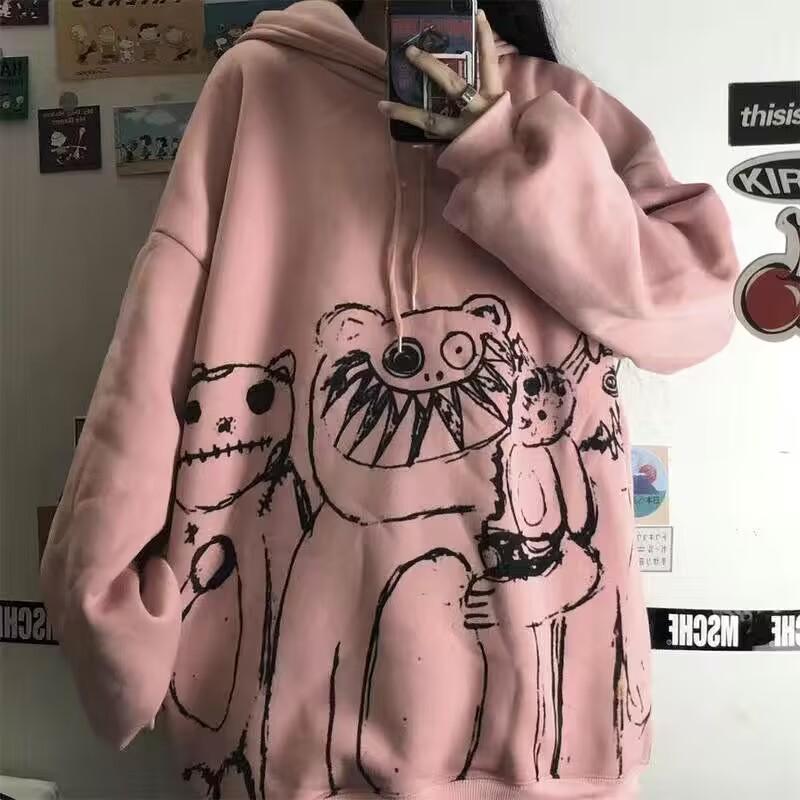 Felpa con cappuccio Kawaii Harajuku per donna Felpa coreana Felpa con stampa Anime Vintage Rosa Felpa con cappuccio oversize Vestiti carini Top per ragazze