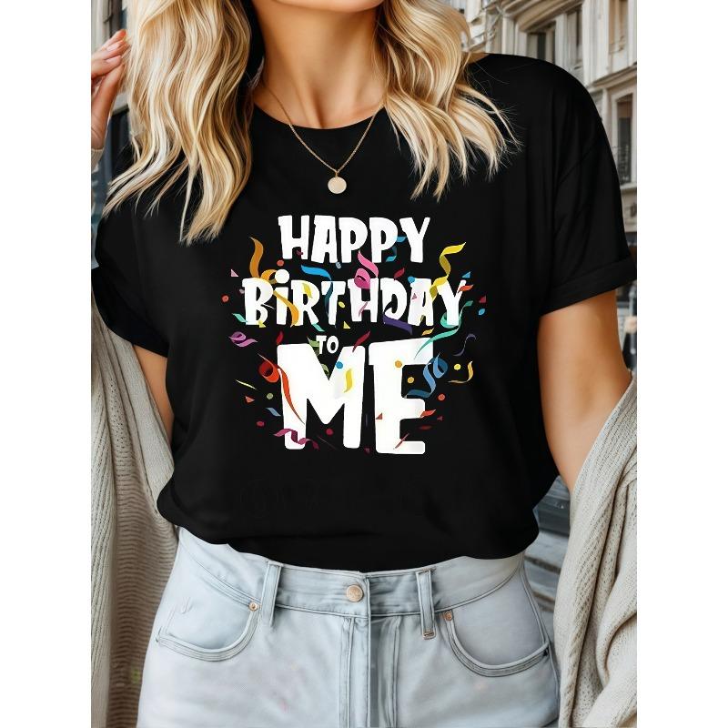 

European Size Women s HAPPY BIRTHDAY to ME Graphic T-Shirt - Black & White Casual Streetwear Top with Confetti Design, Round Neck Short Sleeve 4XL чорний