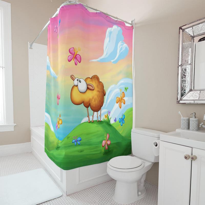 Rainbow Butterflies Sheep Cartoon Shower Curtain Home Decor For Bathroom