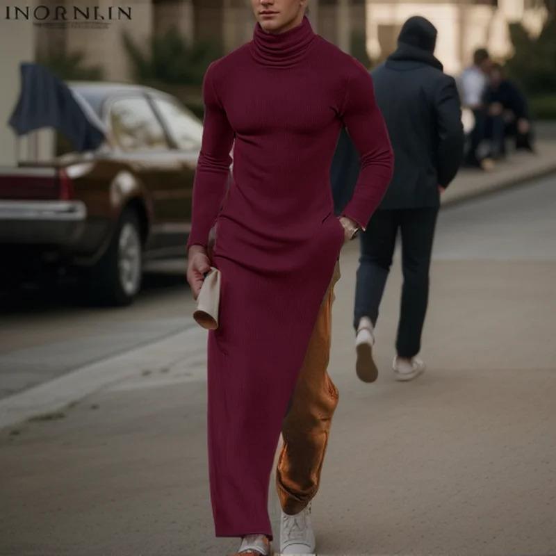 INCERUN Autumn Men High Neck Long Sleeve Knitted Casual Long Pullover Tops