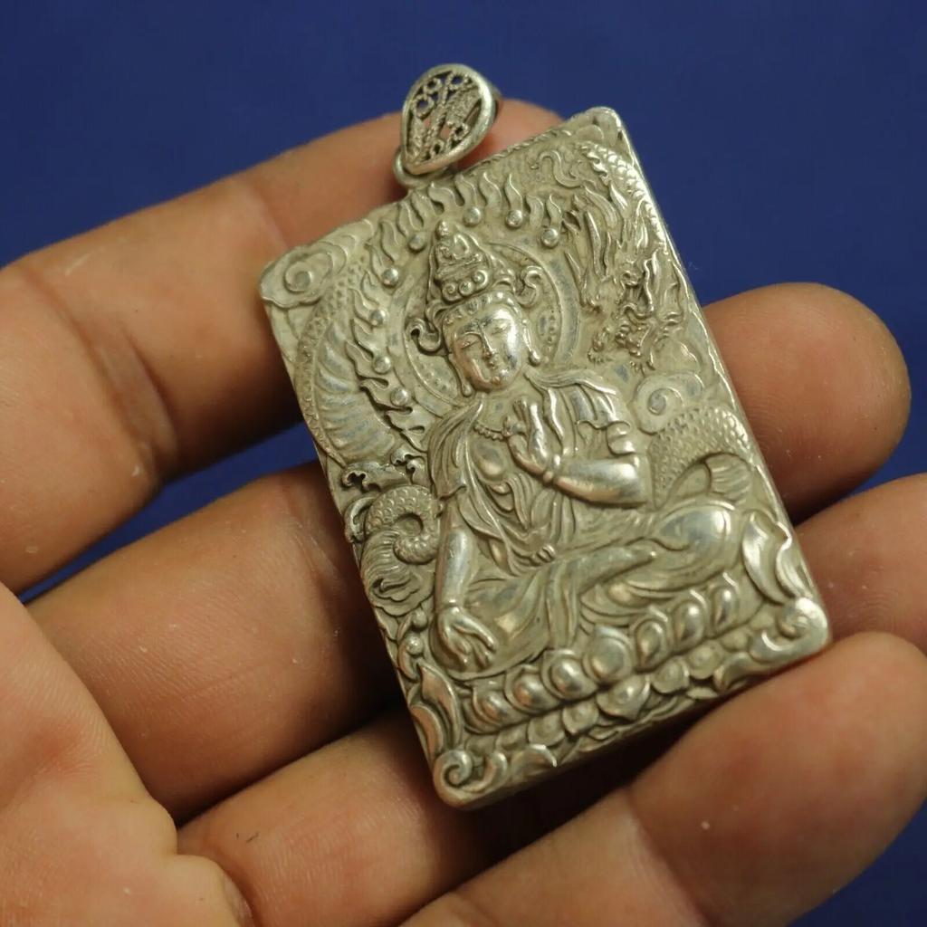 Chinese Old Tibet Silver Carved Kwan-Yin&dragon Statues Amulet Necklace Pendant