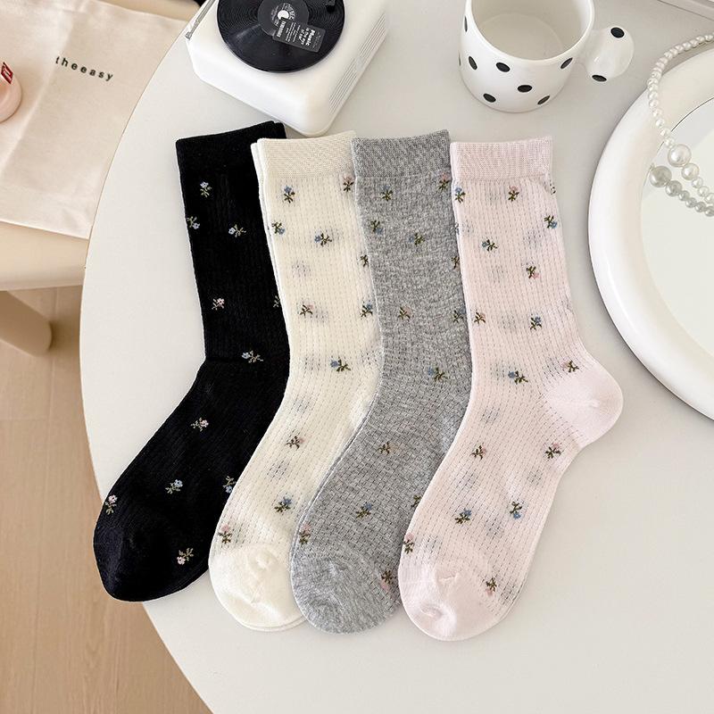 Spring and Summer Boneless Lightweight Cotton Small Floral Retro Mid-Calf Stockings with Mesh and Versatile Multi-Patterned Design