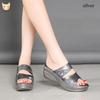 New 35-43 Large Size Sandals Women's Shoes Sequins One-word Tow Fish Mouth Wedge Half-tow Women