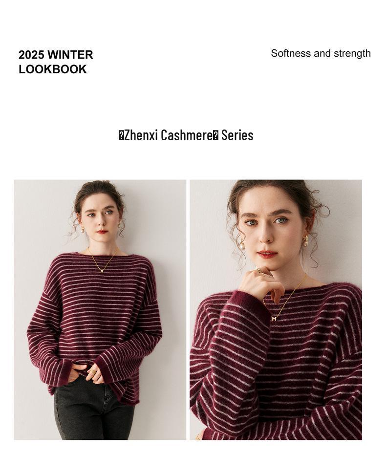 One-Shoulder Oversized Striped Cashmere Sweater for Women - Korean Fashion Style
