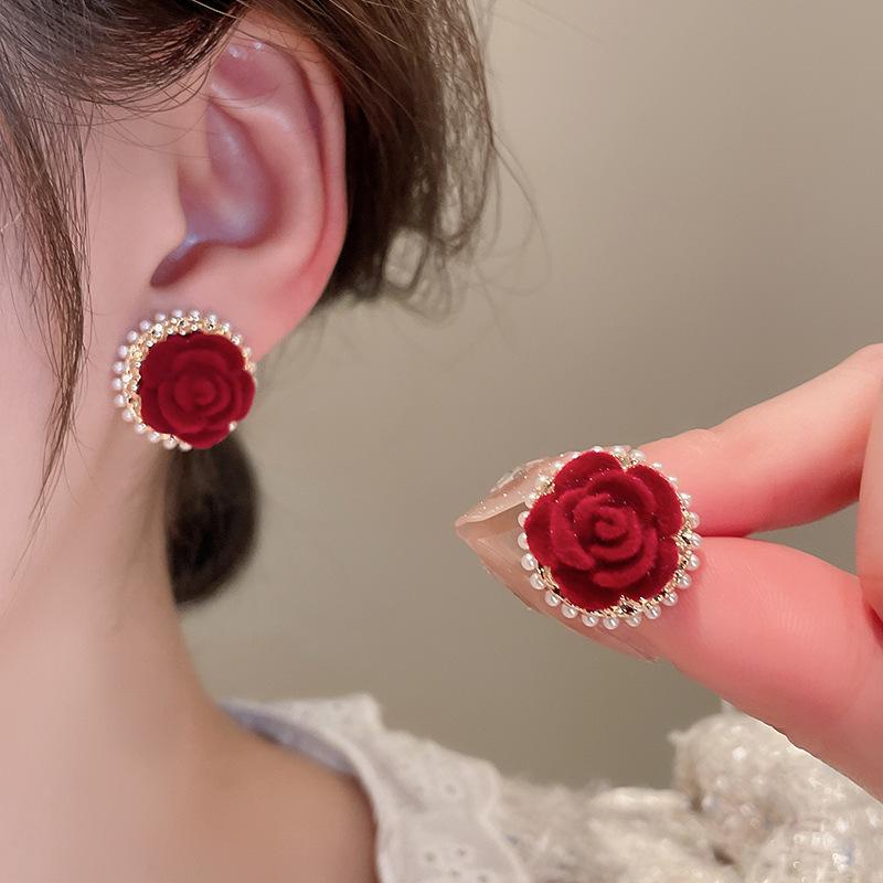 Silver Needle Red Bow Flower Earrings - Light Luxury Christmas & Holiday Studs, Autumn Winter Jewelry