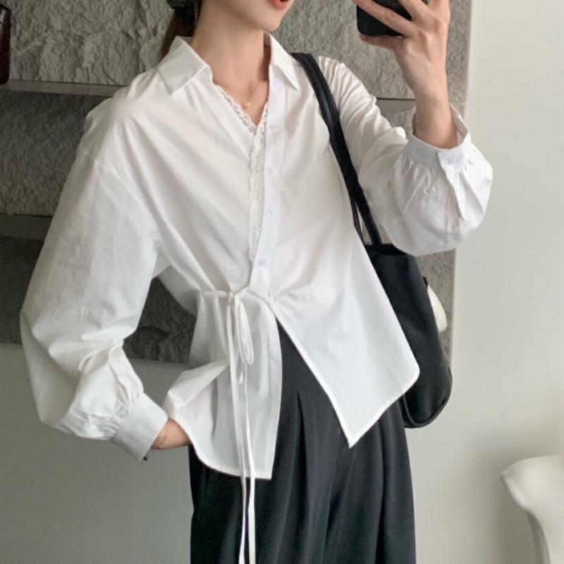 2025 French Fashion Long Sleeve Irregular Lace Tie Waist Slimming Solid Top