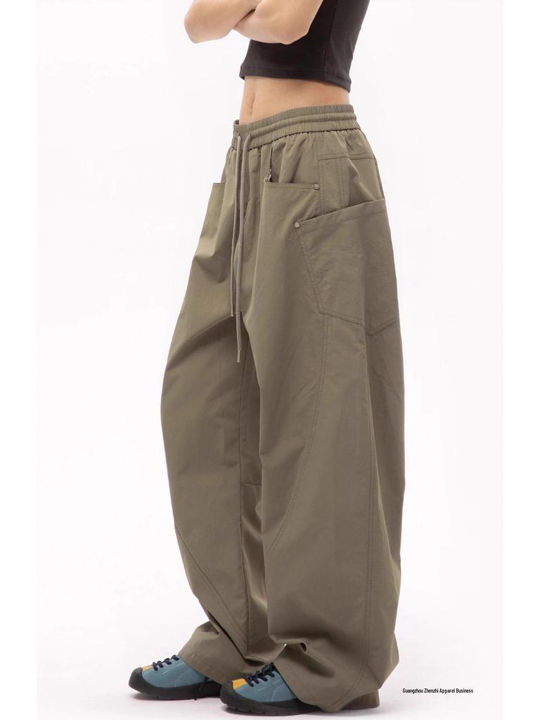 Men's Wide-Leg Multi-Pocket Contrast Stitching Floor-Length Casual Pants