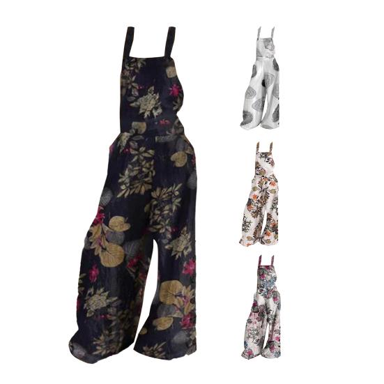 Women Jumpsuit Sleeveless Floral Print Pockets Buttons Wide Leg Loose Suspenders Playsuit Overall for Spring/Summer