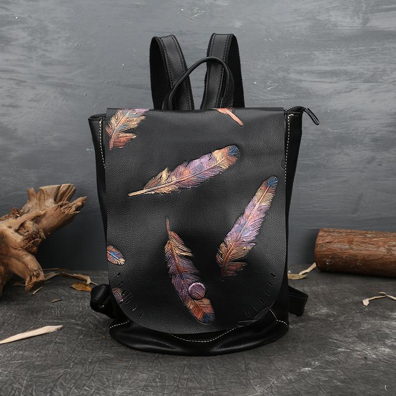 Artistic Embossed Genuine Leather Women's Backpack - Large Cowhide Travel Bag In National Style
