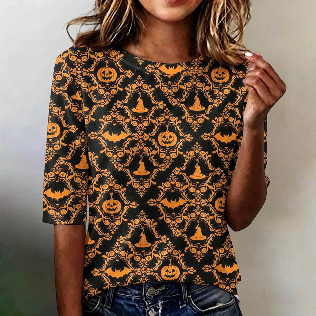 Women's Casual Loose Fit Half Sleeve Top Round Neck Lightweight Comfortable Shirt with Pumpkin Print Suitable for Everyday Wear