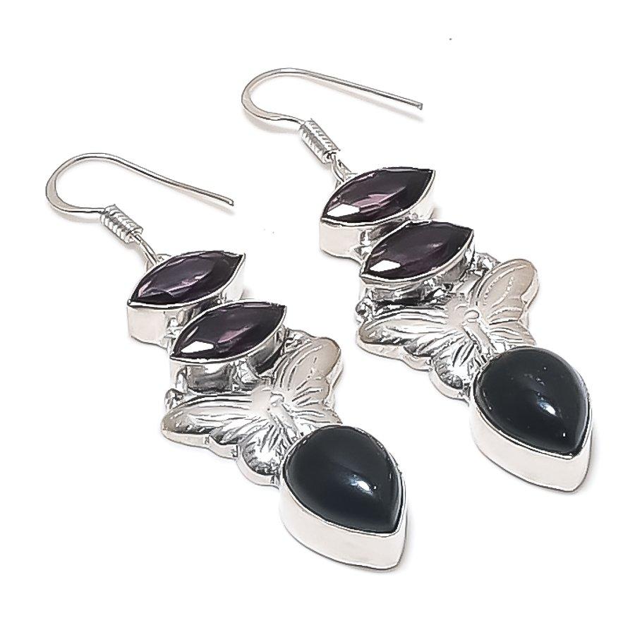 Black Onyx, Amethyst Gemstone 925 Sterling Silver Earring 2.36"