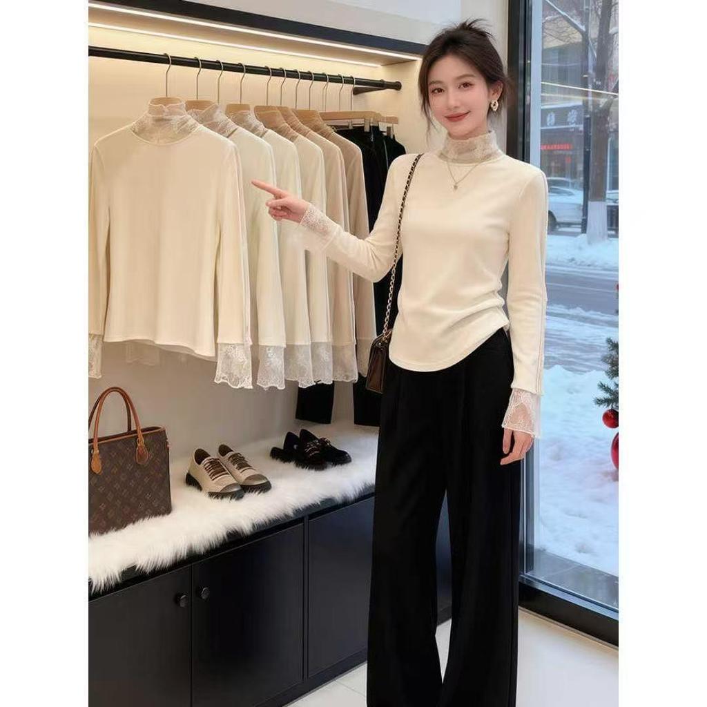 Women's Stacked High Neck Double-Sided Fleece Lace Layering Top for Autumn/Winter