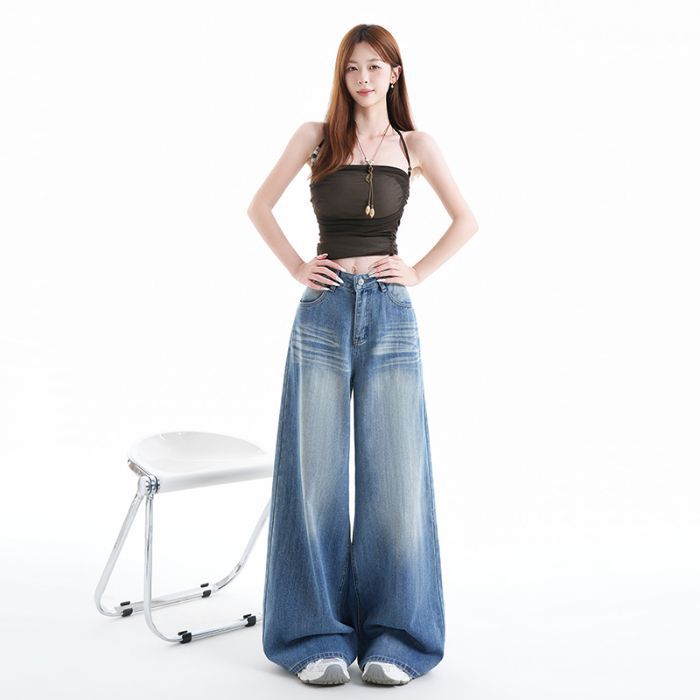 Spring Summer Crease Vintage Distressed High Waist Wide Leg Denim Pants For Ladies Casual Pants Oversize Denim Trousers