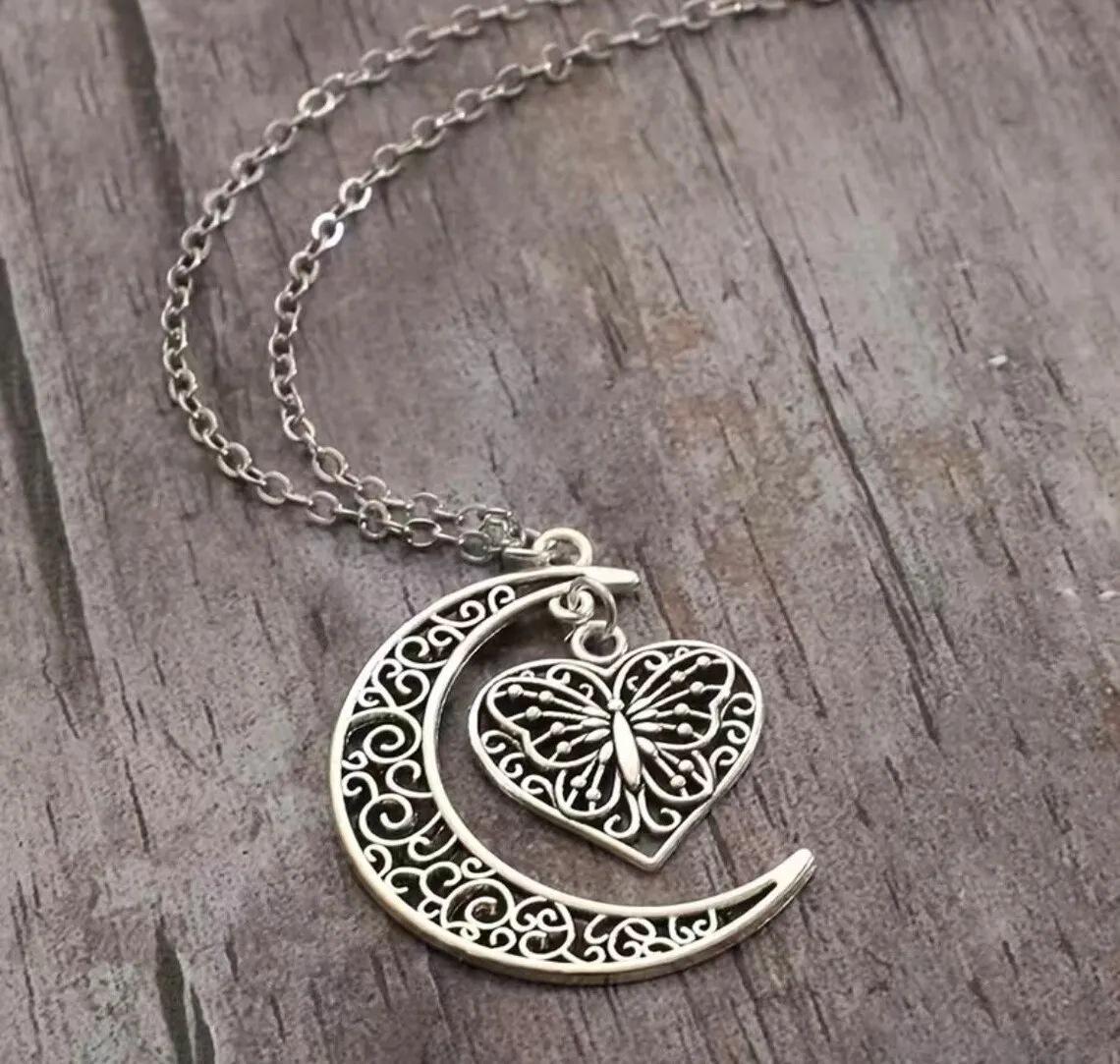 Antique Silver Moon Heart Bohemian Necklace
