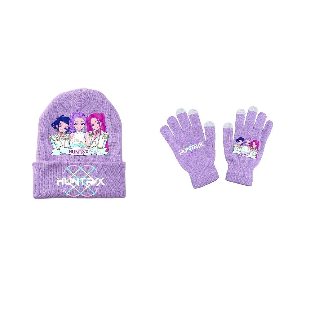 Set 2 Pezzi Cappello a Maglia e Guanti Invernali - Design Anime Kpop Demon Hunters, Carini Accessori Caldi per Ragazzi e Ragazze