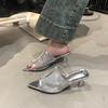 Transparent Silk Gauze Mule Slides Woman Bling Lace Mesh Pointed Toe High Heel Slipper Sandals Ladies Evening Party Pump Shoes