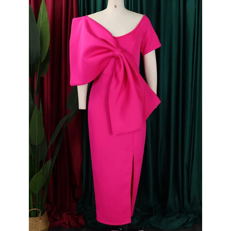 FairyShely Summer Bow Short Sleeve Plus Size Club Dress Women Solid Large Big Dresses Lady Slim Party Tight Curvy Dress