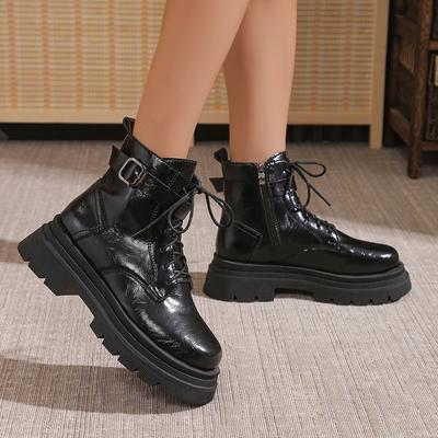 Botas de cano curto plataforma de couro pu pretas femininas, fivela da moda, botas de combate de fundo grosso, sapatos punk de motocicleta com cadarço, mujer