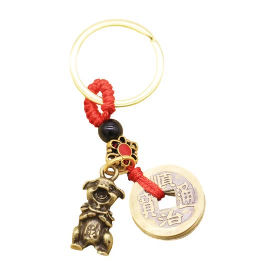 

Yousheng Retro Copper Keychain Pendant with Five Emperors Money Feng Shui Twelve Animal Charm Good Fortune Red Rope Key Chain Bag Car Accessory Little Pig