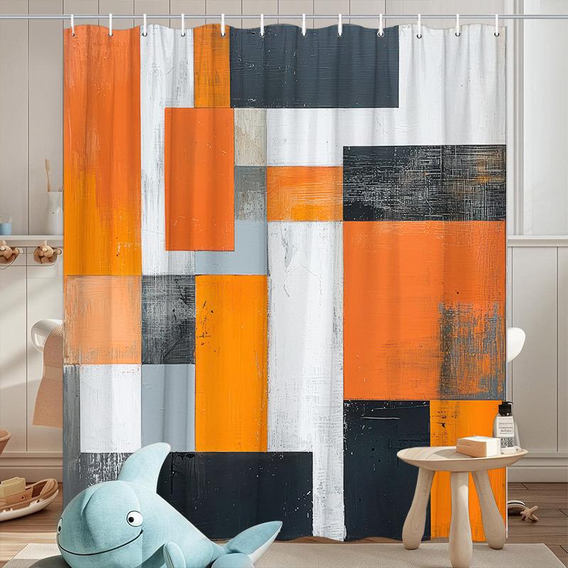 Abstract Geometric Shower Curtain - Orange, Black & White Pattern With Distressed Look, Modern Bathroom Decor, Polyester