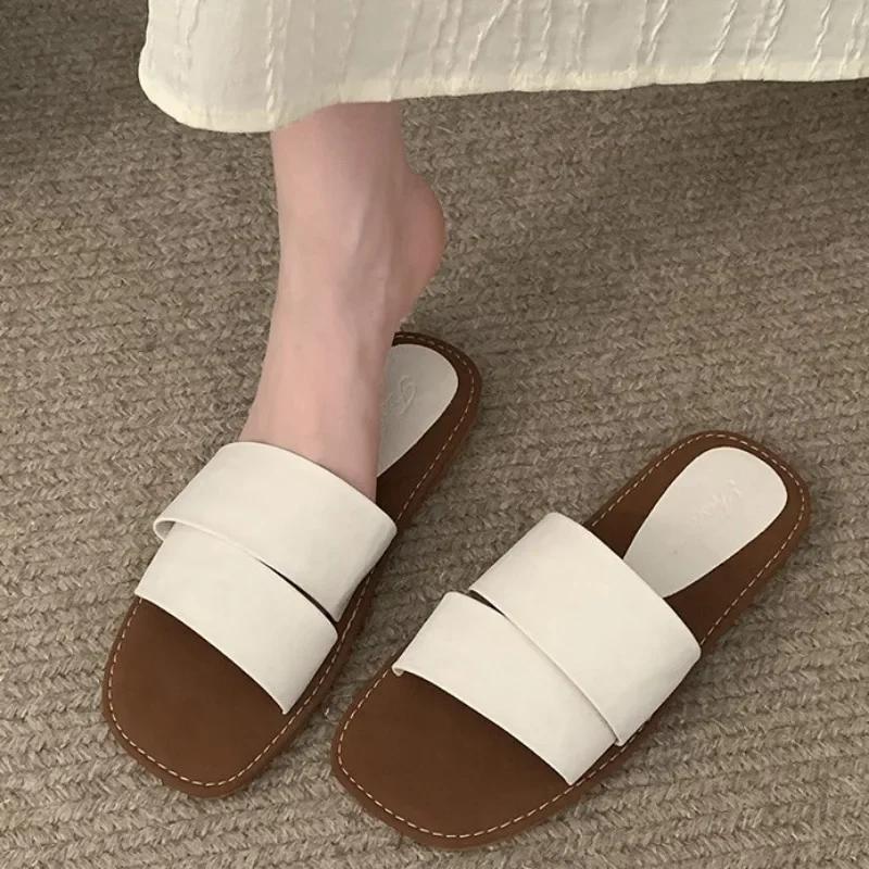 Summer Flat Slippers for Women Color Blocking Flip Flops Flats 2025 New Indoor Homewear Slides Women Square Toe Sandal Shoes