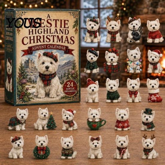 Xmas Party Favors 2026 Dog Christmas Advent Calendar, 24-Day Acrylic 2D Ornament Set Holiday Countdown Decorations with Cute Puppy Designs,